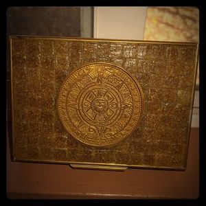 Vintage brass wood resin Mayan calendar box